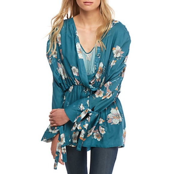 Free People Tuscan Dreams Teal Floral V Neck Tunic Long Sleeve Dress, Size S - Picture 3 of 11
